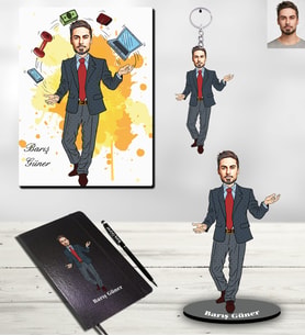 Kişiye Özel İş Adamı Karikatürlü 5 li Hediye Seti Bay-4
