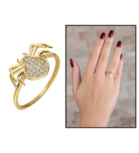 Zirkon Taşlı Spider Tasarım Gold Renk 925 Ayar Gümüş Bayan Yüzük (Çok Renkli)