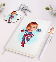 BK Gift Kişiye Özel Erkek Çocuk Kaptan Amerika Karikatürlü Beyaz Defter Kalem ve Anahtarlık Hediye Seti (Model 1)