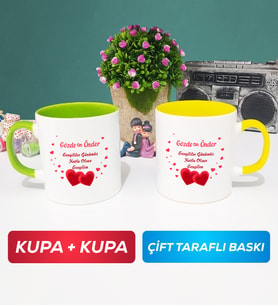 İkili Sevgiliye Sevgililer Günü Hediyesi 6 Kupa Bardak Yeşil Sarı