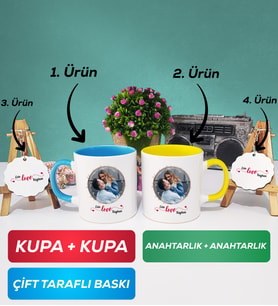 İkili Mavi Sarı Sevgiliye Sevgililer Günü Hediyesi 11 Kupa Bardak Anahtarlık