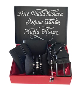 Hediye Set Erkek Siyah Kemer- Cüzdan- Kartlık 3 Adet Bileklik- Tesbih