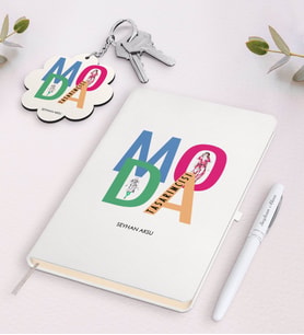 BK Gift Kişiye Özel Moda Tasarımcısı Beyaz Defter Kalem ve Anahtarlık Hediye Seti-1 (Model 1)