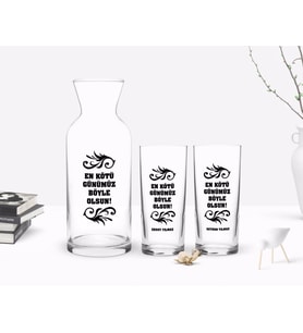 BK Gift Kişiye Özel Renkli Baskılı En Kötü Günümüz Böyle Olsun Tasarımlı İkili Rakı Bardağı ve Karaf Hediye Seti-1 (Model 1)