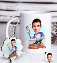 BK Gift Kişiye Özel Erkek Tenis Oyuncusu Karikatürlü Beyaz Kupa ve Anahtarlık Hediye Seti-1 (Model 1)