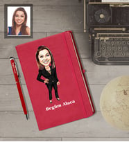 Kişiye Özel İş Kadını Karikatürlü  Kırmızı Defter Kalem Hediye Seti Bayan-22