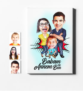 BK Gift Kişiye Özel Annem Babam Ve Ben Karikatür Kanvas Tablo 50x70cm 1