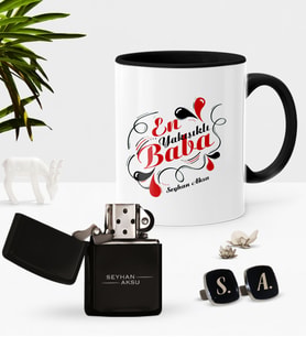 BK Gift Kişiye Özel En Yakışıklı Baba Siyah Kupa Çakmak Kol Düğmesi Seti (Model 1)