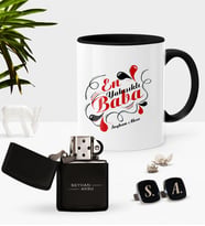 BK Gift Kişiye Özel En Yakışıklı Baba Siyah Kupa Çakmak Kol Düğmesi Seti (Model 1)
