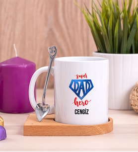 Super Dad Babaya Hediye Ahşap Altlıklı Beyaz Kupa Bardak