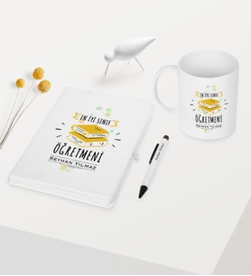 BK Gift Kişiye Özel Sınıf Öğretmeni Temalı Beyaz Defter Kalem Kupa Seti - 6