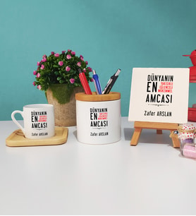 Amca Tasarımlı Kişiye Özel Hediye Amca Ahşap Altlıklı Türk Kahvesi Fincanı Kalemlik Dekoratif Taş Baskı Hediye Seti