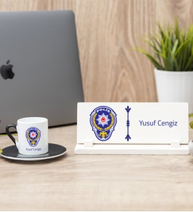 Polis Amblemli Siyah Türk Kahvesi Fincanı Ve Masa İsimliği Hediye Seti