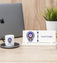 Polis Amblemli Siyah Türk Kahvesi Fincanı Ve Masa İsimliği Hediye Seti