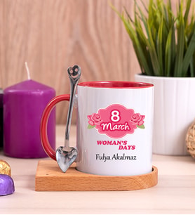 Kadınlar Günü Hediyesi Ahşap Altlıklı Kırmızı Kupa Bardak