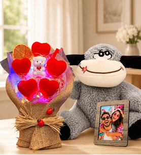 Kişiye Özel Fotoğraflı LED Işıklı Kırmızı Kalp Buketi ve Peluş Eşek Hediye Seti