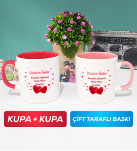 İkili Sevgiliye Sevgililer Günü Hediyesi 6 Kupa Bardak Kırmızı Pembe