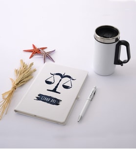 Terazi Burcuna Özel İsimli Beyaz Defter Kalem Termos Mug Seti