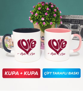 İkili Love Tasarımlı Sevgililer Günü Hediyesi Kupa Bardak Siyah Pembe