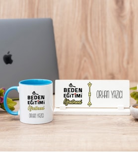 Beden Eğitimi Öğretmeni Mavi Kupa Bardak Ve Masa İsimliği Hediye Seti