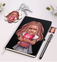 BK Gift Kişiye Özel Kız Çocuk İllüstrasyon Tasarımlı Siyah Defter Kalem Ve Anahtarlık Hediye Seti-1 (Model 1)