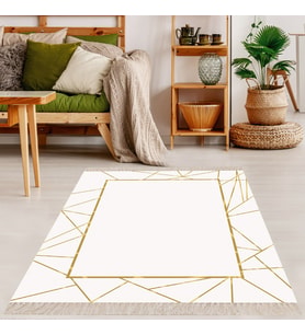 Mermer Desenli Gold Çerçeveli Dijital Baskı Yıkanabilir Modern Salon Halı ve Yolluk (Beyaz)