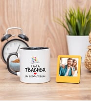 Öğretmene Hediye Siyah Kupa Bardak ve Sarı Mini Fotoğraf Çerçevesi