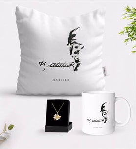 BK Gift Kişiye Özel Atatürk Temalı Beyaz Kupa Yastık ve İsimli Papatya Kolye Hediye Seti-21 (Model 1)