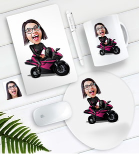 BK Gift Kişiye Özel Bayan Motorcu Karikatürlü Defter Kalem Kupa Mouse Pad Seti (Model 1)