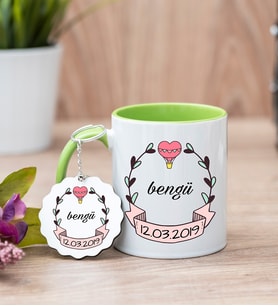 İsim Yazılı Tarihli Yeşil Kupa Bardak Ve Anahtarlık Set