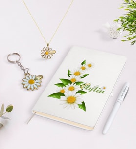 BK Gift Kişiye Özel İsimli Defter Kalem Gold Papatya Kolye ve Anahtarlık Seti-8 (Model 1)