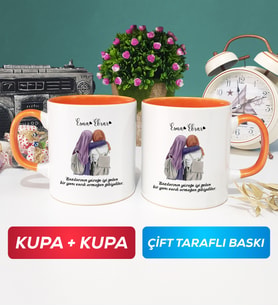 İkili Arkadaşa Hediye Yan Yana Kupa Bardak Turuncu