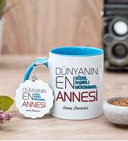 Dünyanın En İyi Annesi Mavi Kupa Bardak Ve Anahtarlık Set