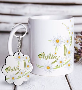BK Gift Kişiye Özel Papatya Tasarımlı Beyaz Kupa ve Anahtarlık Hediye Seti-1 (Model 1)