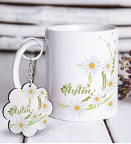 BK Gift Kişiye Özel Papatya Tasarımlı Beyaz Kupa ve Anahtarlık Hediye Seti-1 (Model 1)