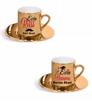 Çiftlere Özel Evin Reisi Evin Hanımı Türk Kahve Fincan Seti ( Gold)