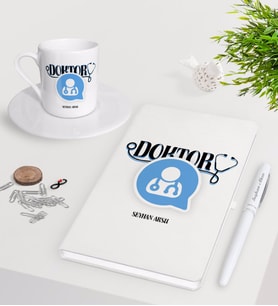 BK Gift Kişiye Özel Doktor Beyaz Defter Kalem Türk Kahvesi Fincanı Seti-11 (Model 1)