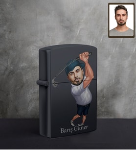 Kişiye Özel Golfçü Karikatürlü UV Baskılı Siyah Benzinli Çakmak Bay-2