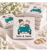 30 Adet Kişiye Özel Baskılı Doğal Taş Magnet 5x5cm Söz, Nikah, Nişan Hatırası (Beyaz)