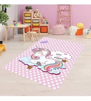 Unicorn Desenli Dijital Baskı Yıkanabilir Kaymaz Taban Çocuk Odası Halısı  (Pembe)