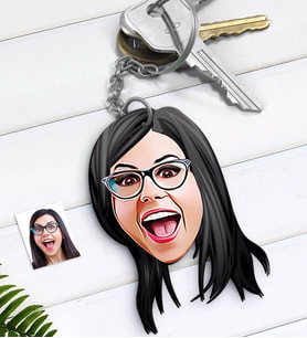 BK Gift Kişiye Özel Bayan Yüz Karikatürlü Ahşap Anahtarlık-2 (Beyaz)