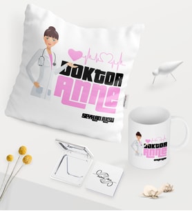BK Gift Kişiye Özel Doktor Anne Beyaz Kupa Ayna Yastık Seti (Model 1)