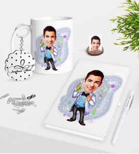 BK Gift Kişiye Özel Erkek Fen Bilimleri Öğretmeni Karikatürlü Kupa Anahtarlık Beyaz Defter Kalem Hediye Seti-4 (Model 1)