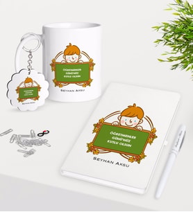 BK Gift Kişiye Özel Öğretmenler Günümüz Kutlu Olsun Kupa Anahtarlık Beyaz Defter Kalem Hediye Seti-4 (Model 1)