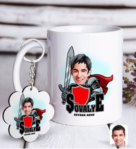 BK Gift Kişiye Özel Şövalye Karikatürlü Beyaz Kupa ve Anahtarlık Hediye Seti-2 (Model 1)