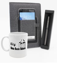 Kişiye Özel Telefon Cepli Defter & Godfather Temalı Kupa & Gri Roller Kalem Hediye Seti