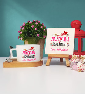 Mesajlı Anaokulu Öğretmeni Hediye Ahşap Altlıklı Fincan ve Dekoratif Taş Baskı Hediye Seti