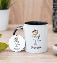 Hemşire Karikatürü Siyah Kupa Bardak Ve Anahtarlık Set