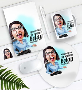 BK Gift Kişiye Özel Bayan Kolay Yetişmiyor Karikatürlü Defter Kalem Kupa Mouse Pad Seti-2 (Model 1)