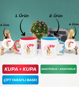 İkili Kırmızı Mavi Sevgiliye Sevgililer Günü Hediyesi 1 Kupa Bardak Anahtarlık